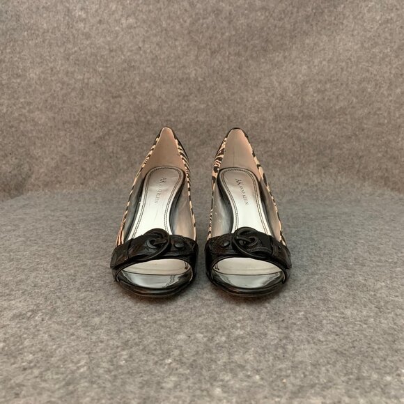 Anne Klein Women’s Leather Heel Black and Cream Zebra Pattern Peep Toe Shoes - Picture 7 of 12